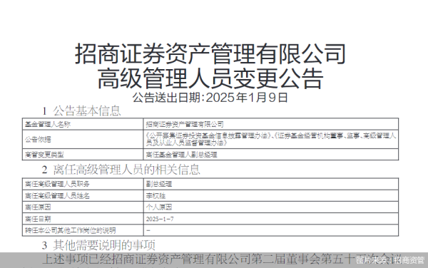 股票配资平台软件 招商资管：副总经理李权胜因个人原因于1月7日离任