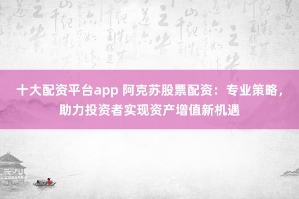 十大配资平台app 阿克苏股票配资：专业策略，助力投资者实现资产增值新机遇